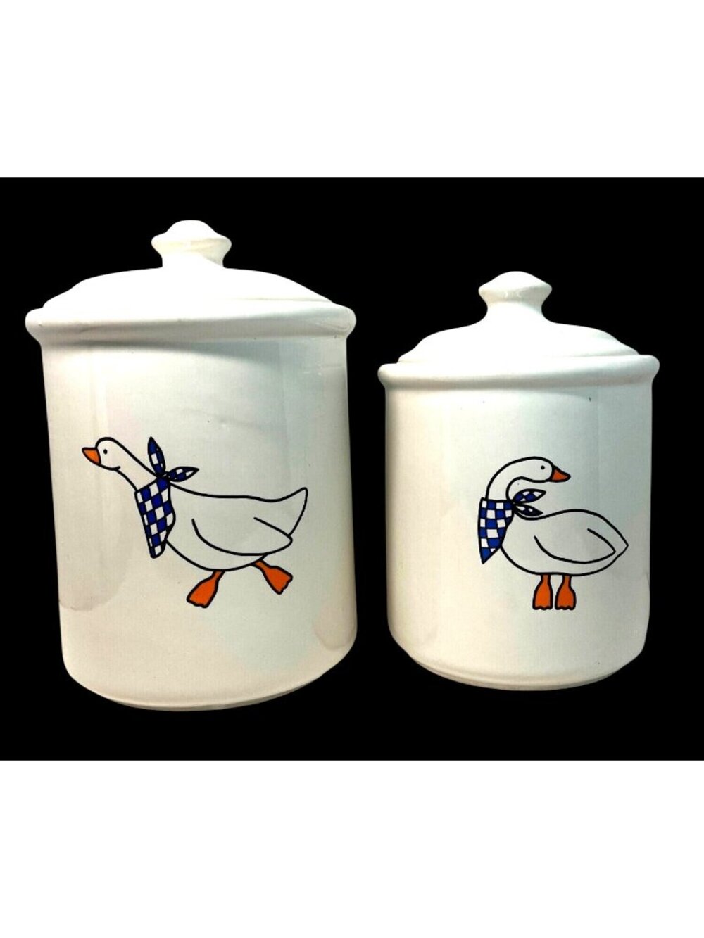 Set Of 2 Ceramic Goose Canisters With Lids Kitchen Storage White With Blue & Ora